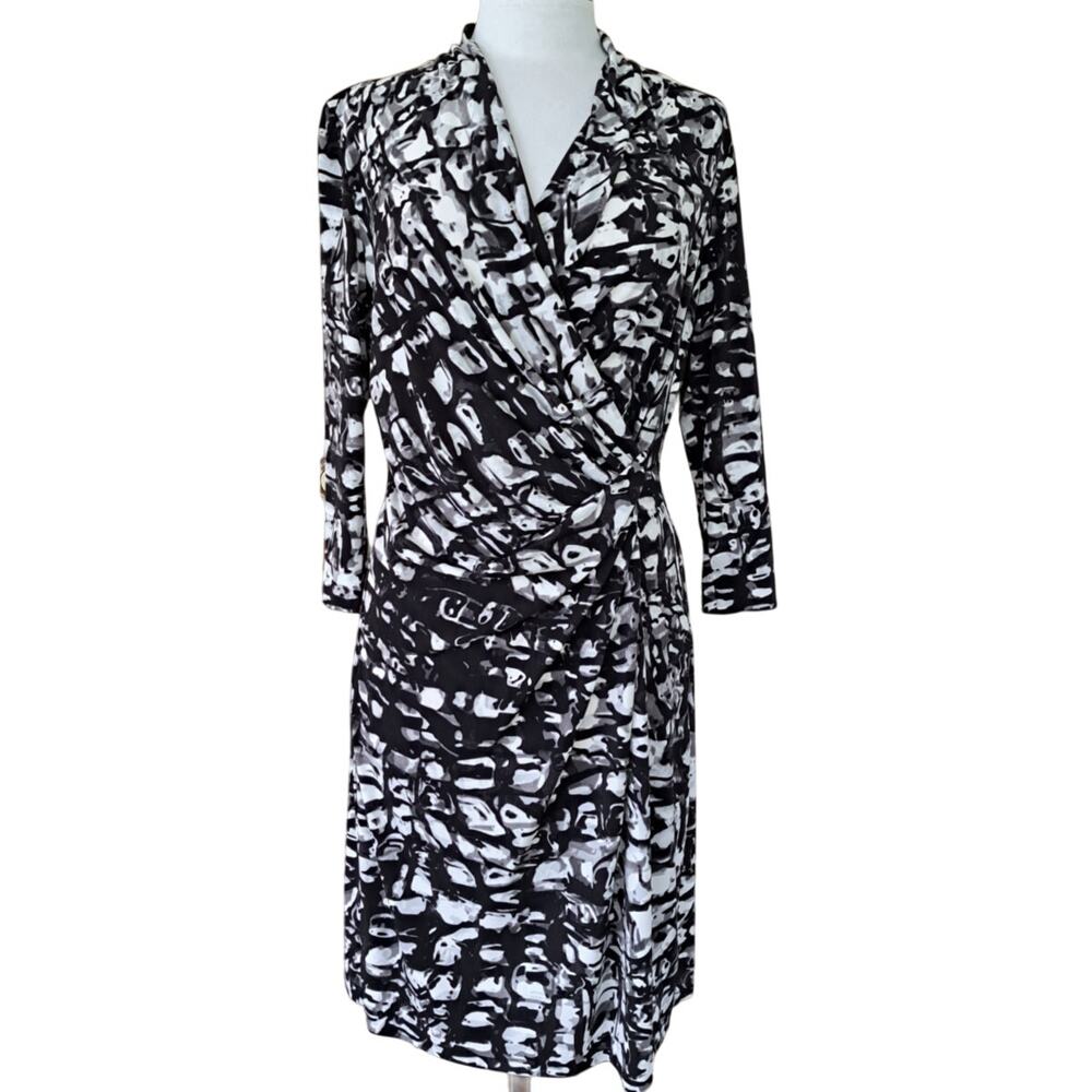 CALVIN KLEIN Black White Print Faux Wrap Jersey Sheath Dress Medium 3/4 Sleeve